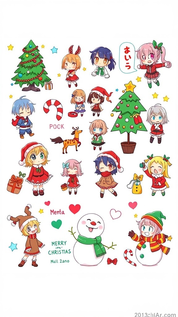 A variety of anime Christmas doodles including characters, trees, and snowmen in festive colors.